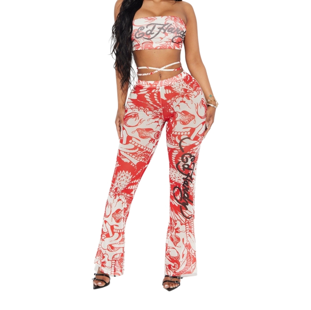 ED HARDY AMOR MESH PANT SET- RED / COMBO SIZE LARGE - Picture 2 of 9